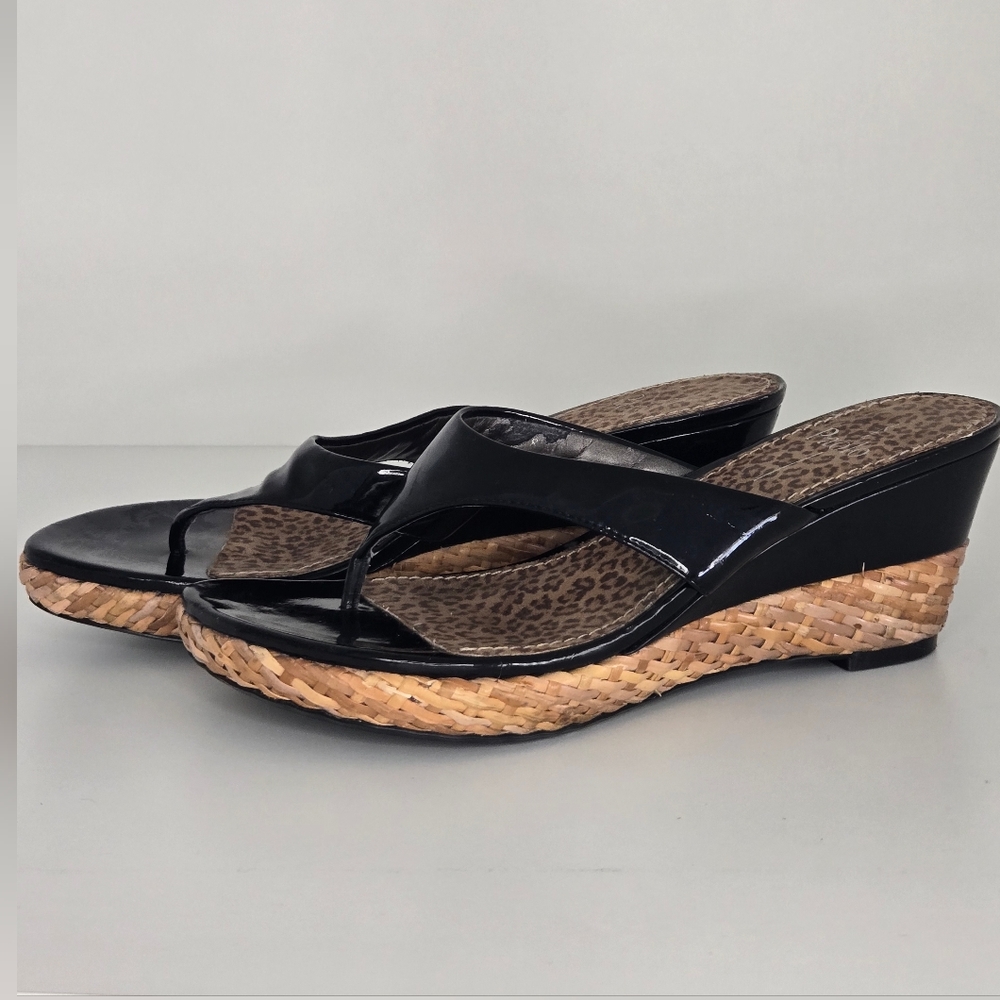 Paolo Black Patent Wedge Sandals Leopard Footbed Thong 3” Heel - Picture 3 of 11